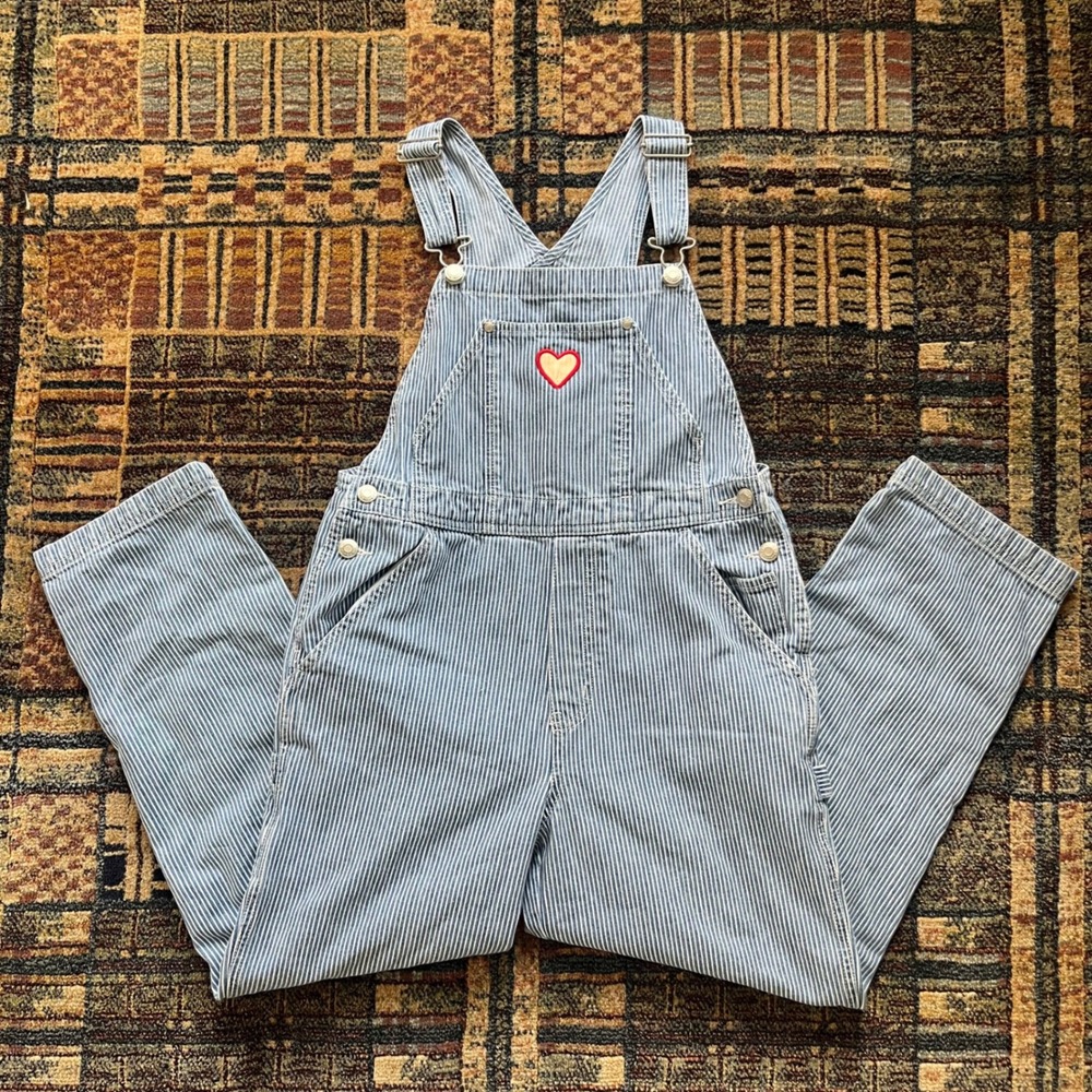 Vintage Gap Kids' Blue & White Pinstripe Railroad Overalls Heart Embroidery Sz L